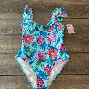 Stella Parker Ruffle Front Light Blue Floral One Piece Large Swimsuit NWT